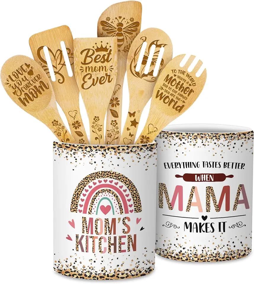Mothers Day Gifts for Mom, Everything Tastes Better When Mama Makes It Cooking Utensils Set, Cooking Gift for Mom, Utensil Holder & 6 Wooden Spoons Cooking Gifts For Mom, Mom Kitchen Gifts