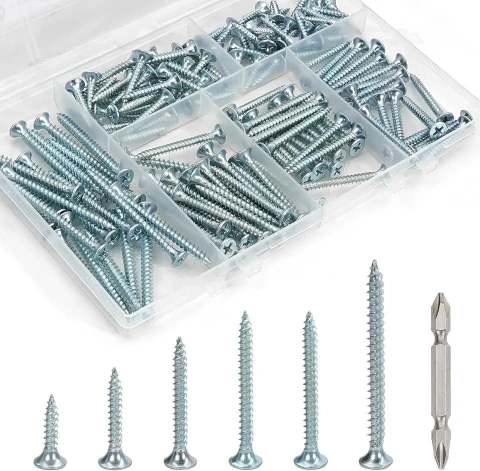 CHENGJFX Wood Screws Assortment Kit, 140-Piece, 6 Sizes, Black Carbon Steel, Flat Head, Anti-Rust, with Phillips Bit (Drywall Screws-Silver(X))