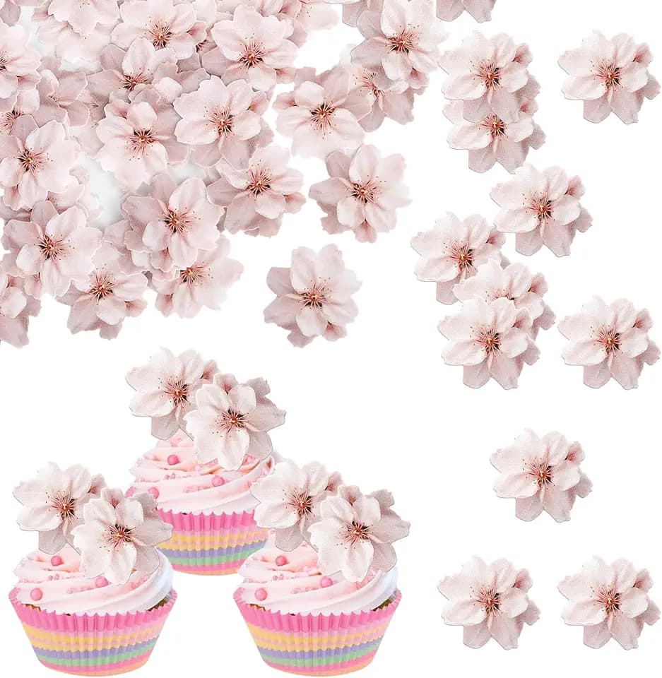 60 Pack Edible Flowers Cake Decorations Wafer Paper Cherry Blossoms Cupcake Toppers Edible Flowers Cupcake Topper for Baby Shower Wedding Kids Birthday Party Decorations Supplies