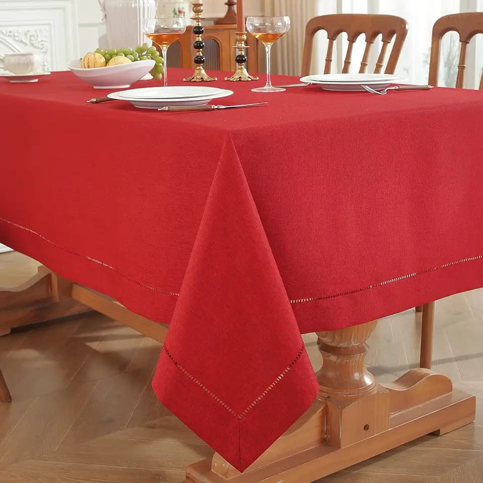 Classic Christmas Red Hemstitch Tablecloth – Faux Linen, Solid Color, Handmade Fringe Edge, Perfect for Holiday Dinners, Family Gatherings & Festive Parties (86" x 60" (Rectangular))