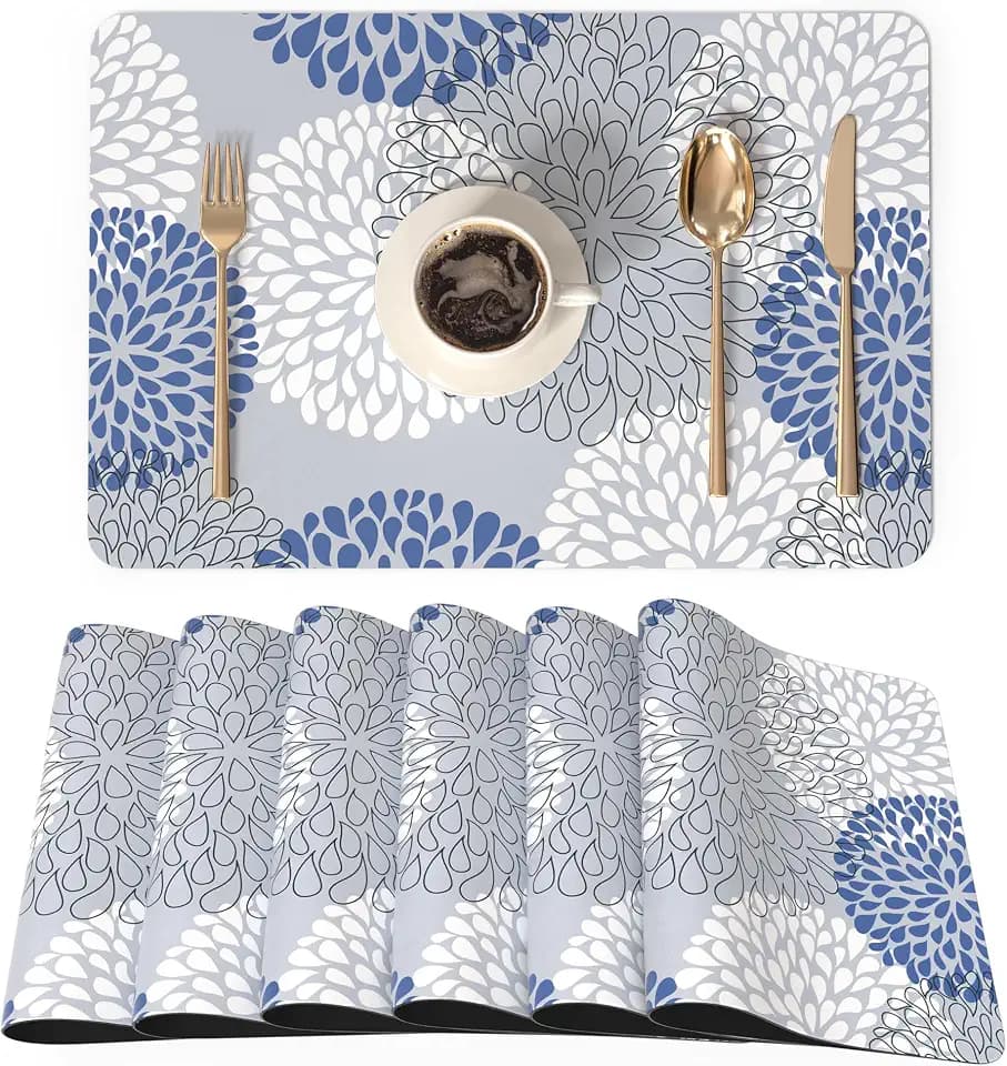 QIYI PU Leather Placemats Set of 6, 12"x18" Waterproof Table Mats, Dahlia