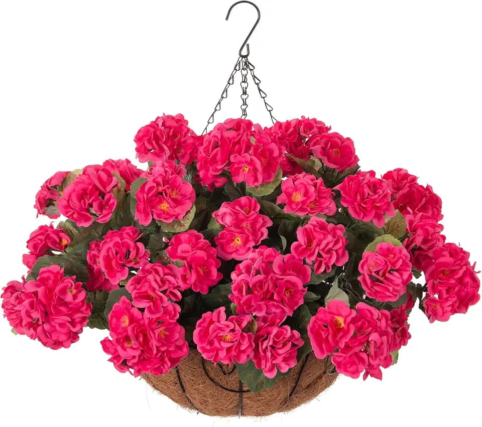 INSPRING Geraniums Artificial Flowers Hanging Basket for Outdoors Outside Decoration, 8 Bundles Silk Flowers Fake Plants Look Real UV Resistant for Porch Home Patio Balcony Yard, Hotpink