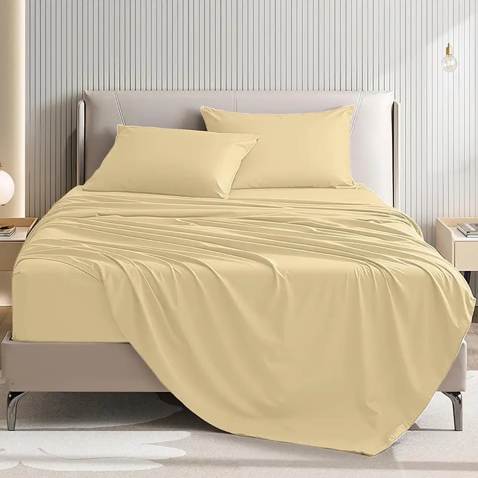King Size 4 Piece Sheet Set - Comfy Breathable & Cooling Bed Sheets Set, Soft and Wrinkle Free, Deep Pockets, Easy & Secure Fit, Hotel Luxury Bedding for Women, Men - Oeko-Tex - Beige