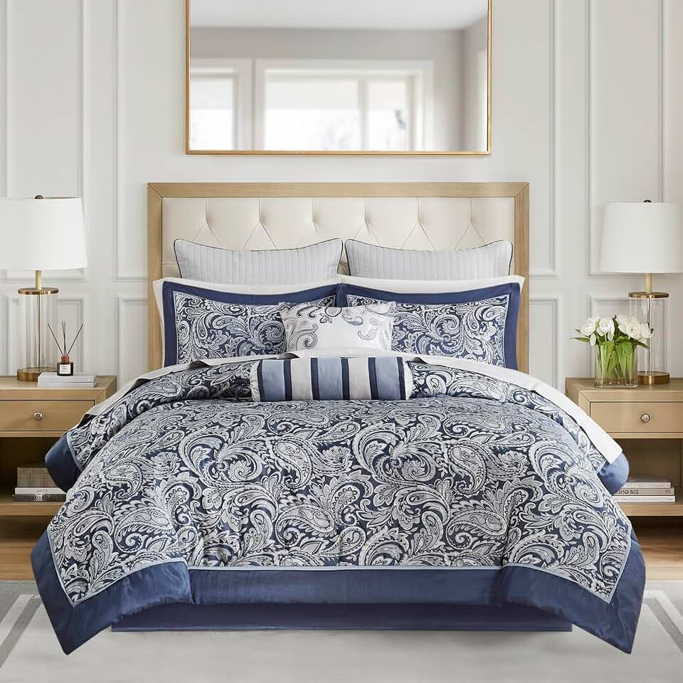 Madison Park Jacquard Queen Comforter Set with Cotton Sheets, Navy, 12pc