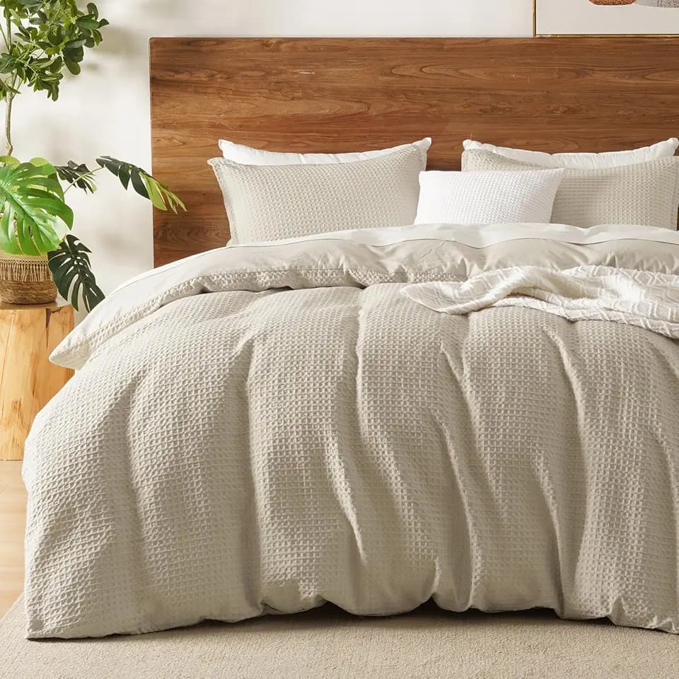 David's Home Soft Textured Waffle Weave Duvet Cover Set, King Size, Natural