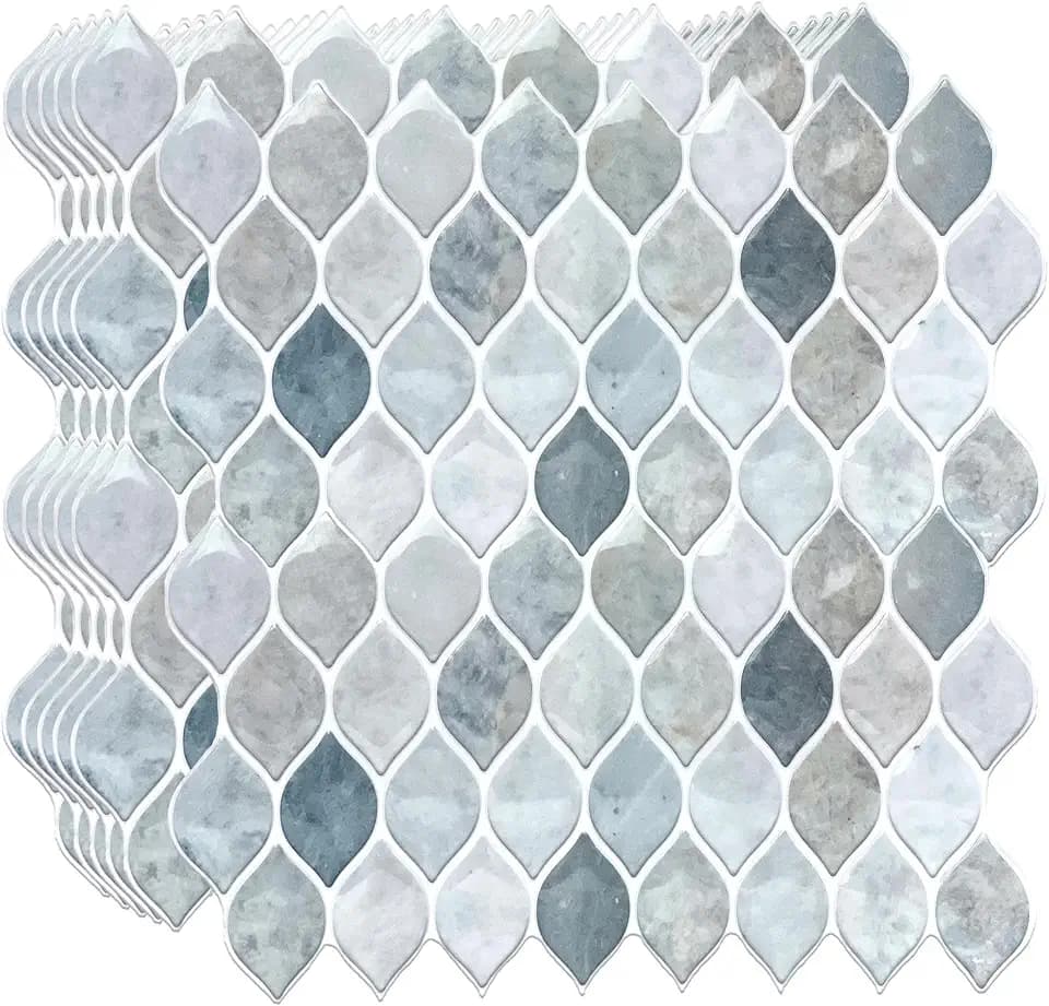 WALPLUS 6-Sheets Kitchen Backsplash 12" x 6" Peel and Stick Wall Tiles Removable Renter Friendly Backsplash Heat Resistant Azulejos Adhesivos para Cocina Glossy Leaf Glossy Stone Grey