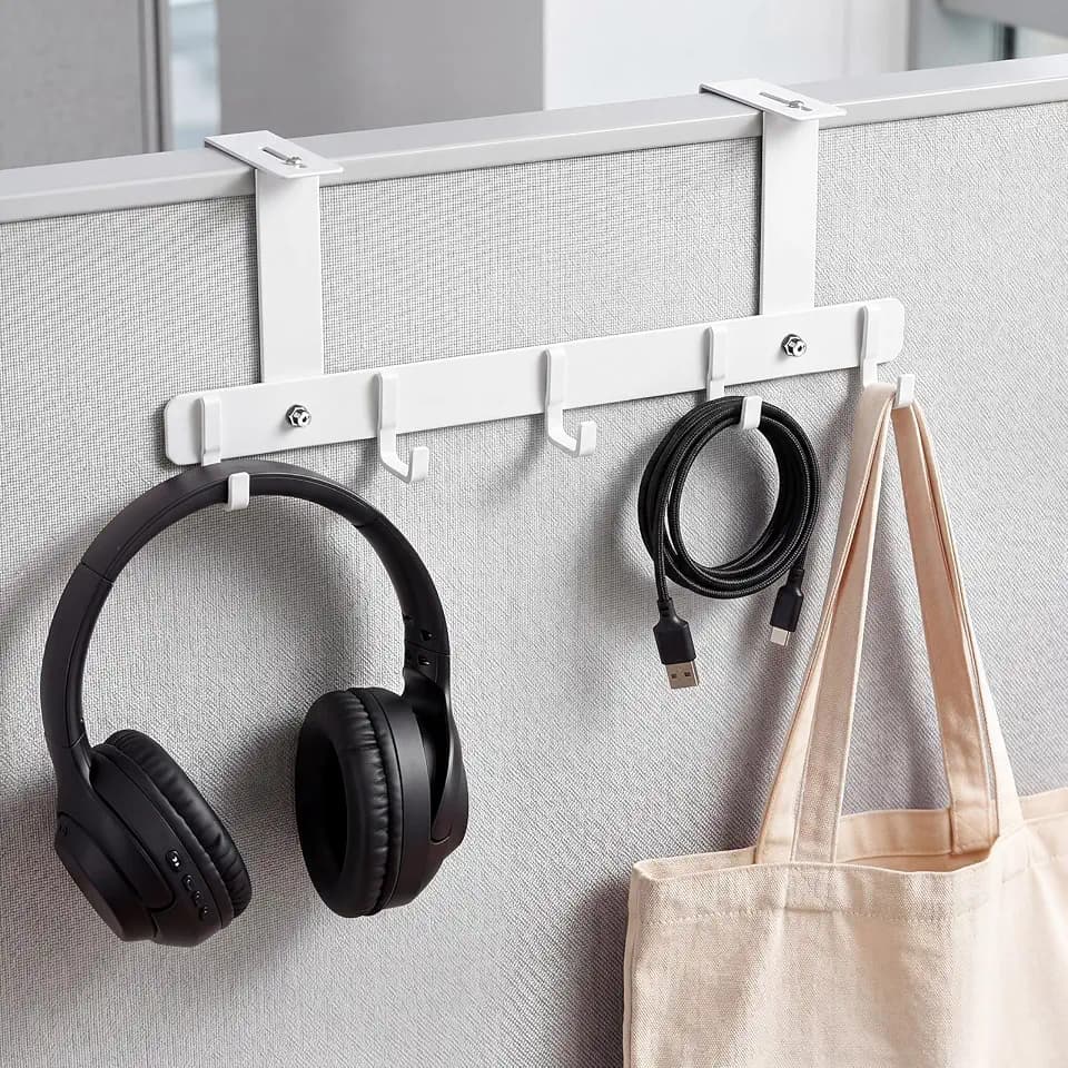 Geelin 1 Pack Adjustable Cubicle Hook-fits 0.9'' to 2.3'' Thick Panels, 5 Hooks for Coats, Bags, and More, Universal Coat Hanger for Office Partition Walls Accessories (White)