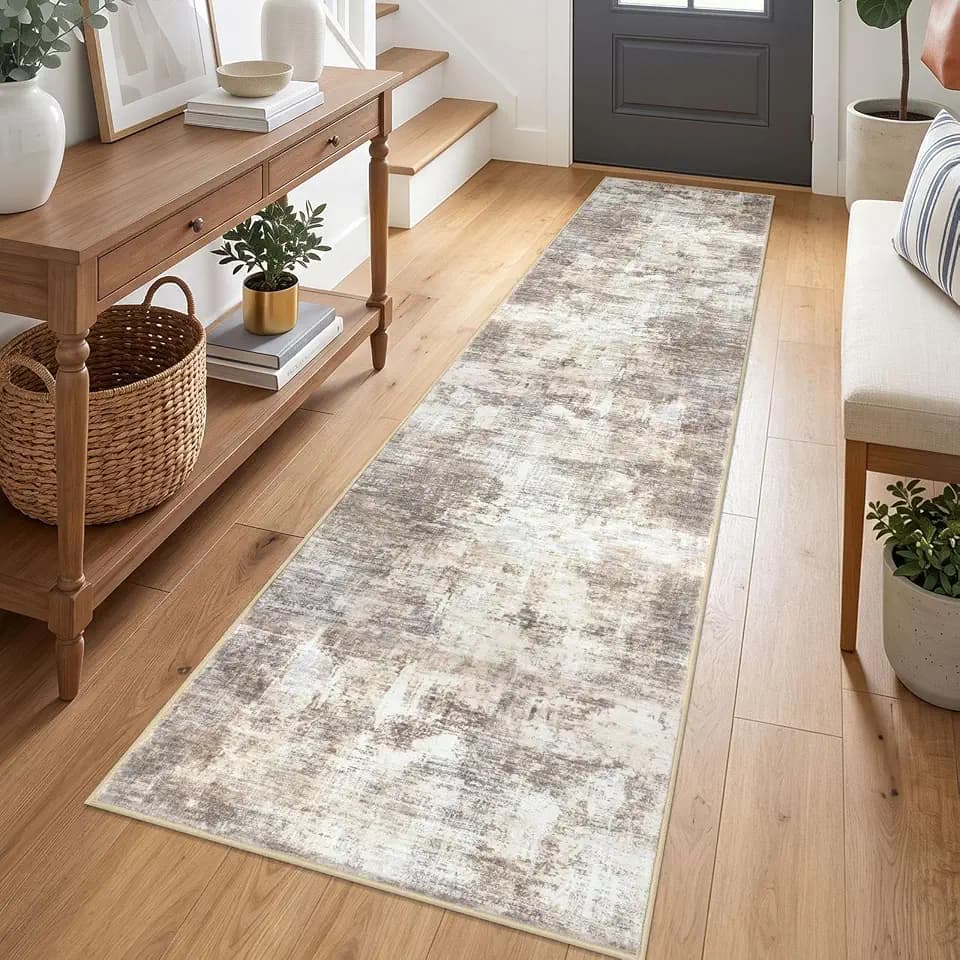 IOHOUZE Abstract Runner Rug 2x7 Ft Washable Runners for Hallways, Non Slip Kitchen Runner Printed Faux Wool Entryway Runners Indoor, Modern Abstract Floor Carpet for Hall Kitchen Bedroom, Beige Brown