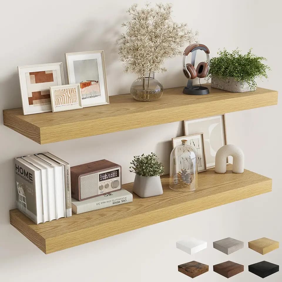 Fun Memories 12 Inch Deep Floating Shelves, 48 x 12 Floating Shelves for Wall Set of 2, Extra Deeper Hanging Wood Wall Shelves for Bedroom, Living Room, Kitchen, Oak