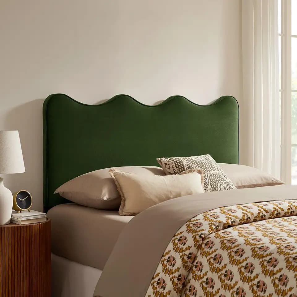 Modway Athena Full Size Performance Velvet Adjustable Headboard in Moss Green - with Scalloped Wave Design and Stain-Resistant Velvet Upholstery