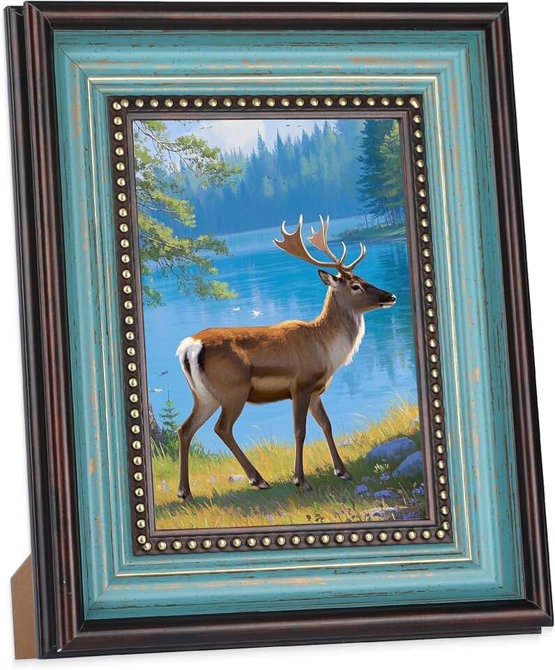 5x7 Picture Frame Retro Distressed Blue Gold Beadeds Photo Frame