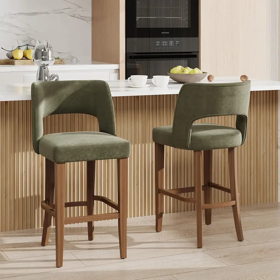 Garvee 26 inch Green Linen Bar Stool Set of 2 with Wooden Legs