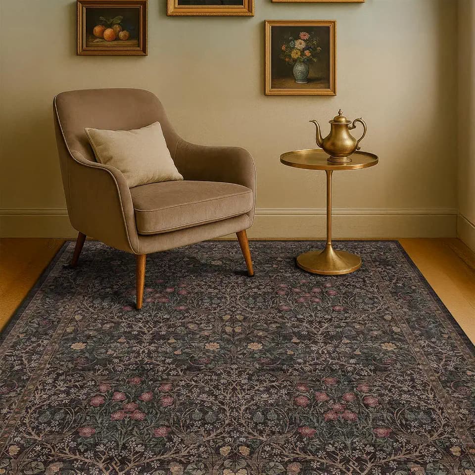 Washable Dark Brown 4x6 Area Rugs for Living Room, Bedroom Bedside Rug, Kitchen, Mudroom, Home Office, Non-Slip Low Pile Ultra Soft Stain Resistant, Small Vintage Taupe Accent Botanical Floral Carpet