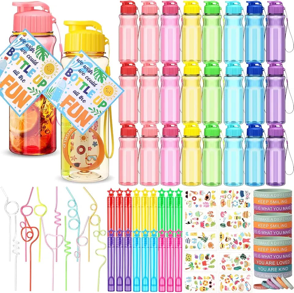 144 Pcs End of the Year Gifts for Students Sports Water Bottle Bubble Wands Summer Sticker Silicone Bracelet for Summer Graduation Student Gifts Preschool Kindergarten School Classroom