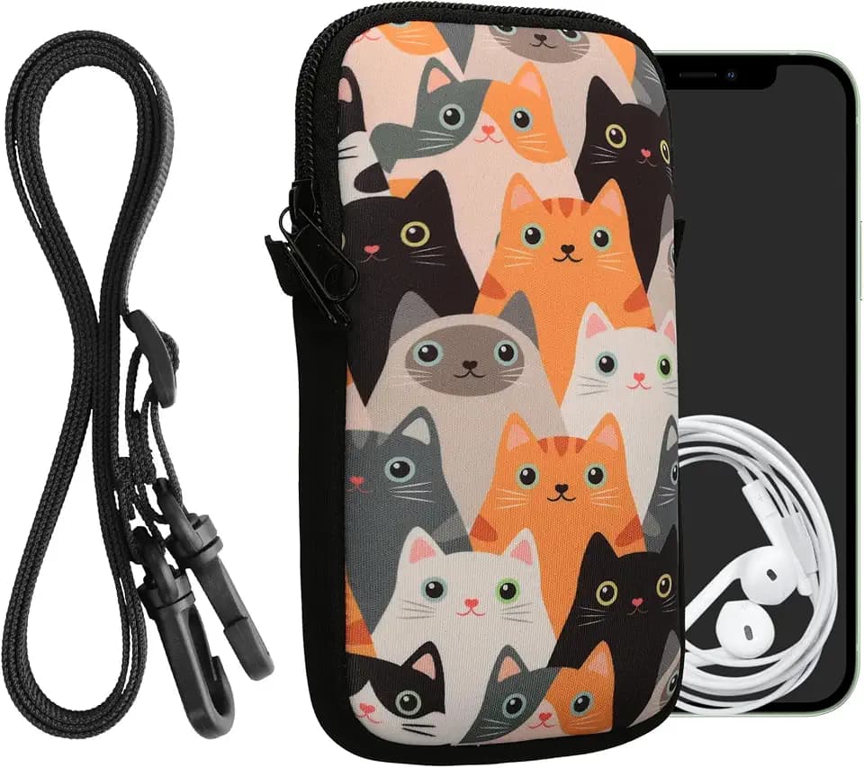 kwmobile Handytasche für Smartphones L - 6,5" - Neopren Handy Hülle Orange Schwarz Weiß - Handy Tasche mit Kette 16,5 x 8,9 cm Innenmaße - Katzen