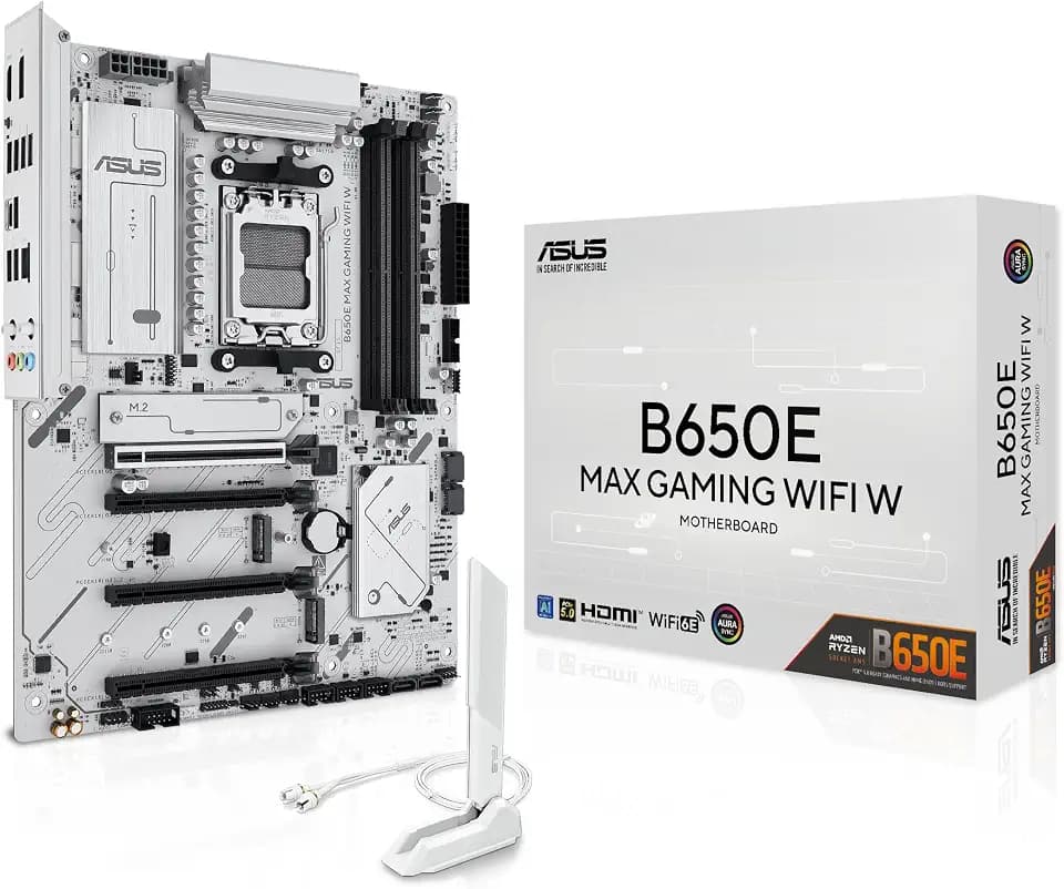 ASUS B650E MAX Gaming WiFi W - AMD B650 AM5 ATX Motherboard, White PCB, DDR5, PCIe 5.0, 3X M.2, Wi-Fi 6E, 2.5Gb LAN, USB 10Gbps Type-C, DisplayPort, HDMI™, BIOS Flashback™, Aura Sync, Advanced AI PC