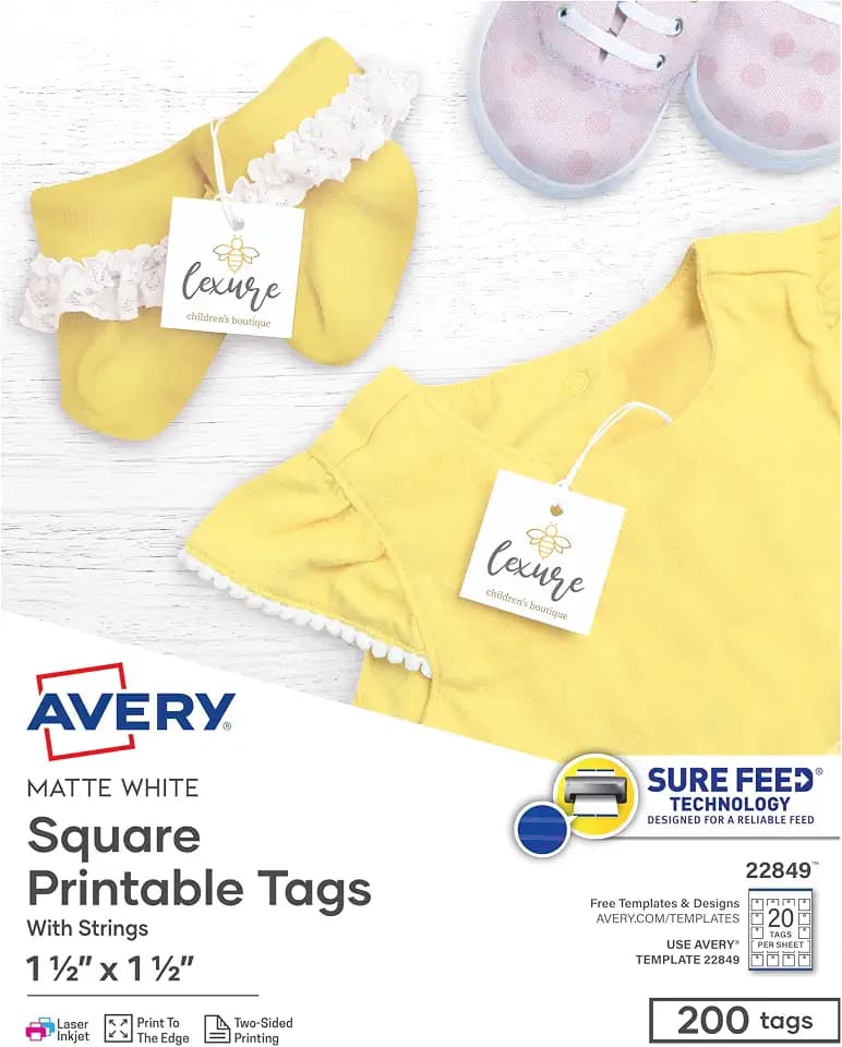 Avery® Square Printable Tags, Sure Feed® Technology, 1.5" x 1.5", White, Includes String, Laser/Inkjet Printable, 200 Total, Great for Branding, Gifts, Merchandising, and More (22849)