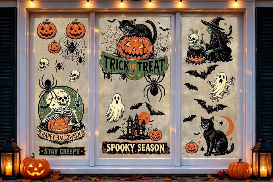 9 Sheets Vintage Halloween Decor - Vintage Halloween Window Cling Stickers Window Glass Decals Double Sided Reusable Decoration for Mirror Door Halloween Holiday Spooky Party Home Classroom