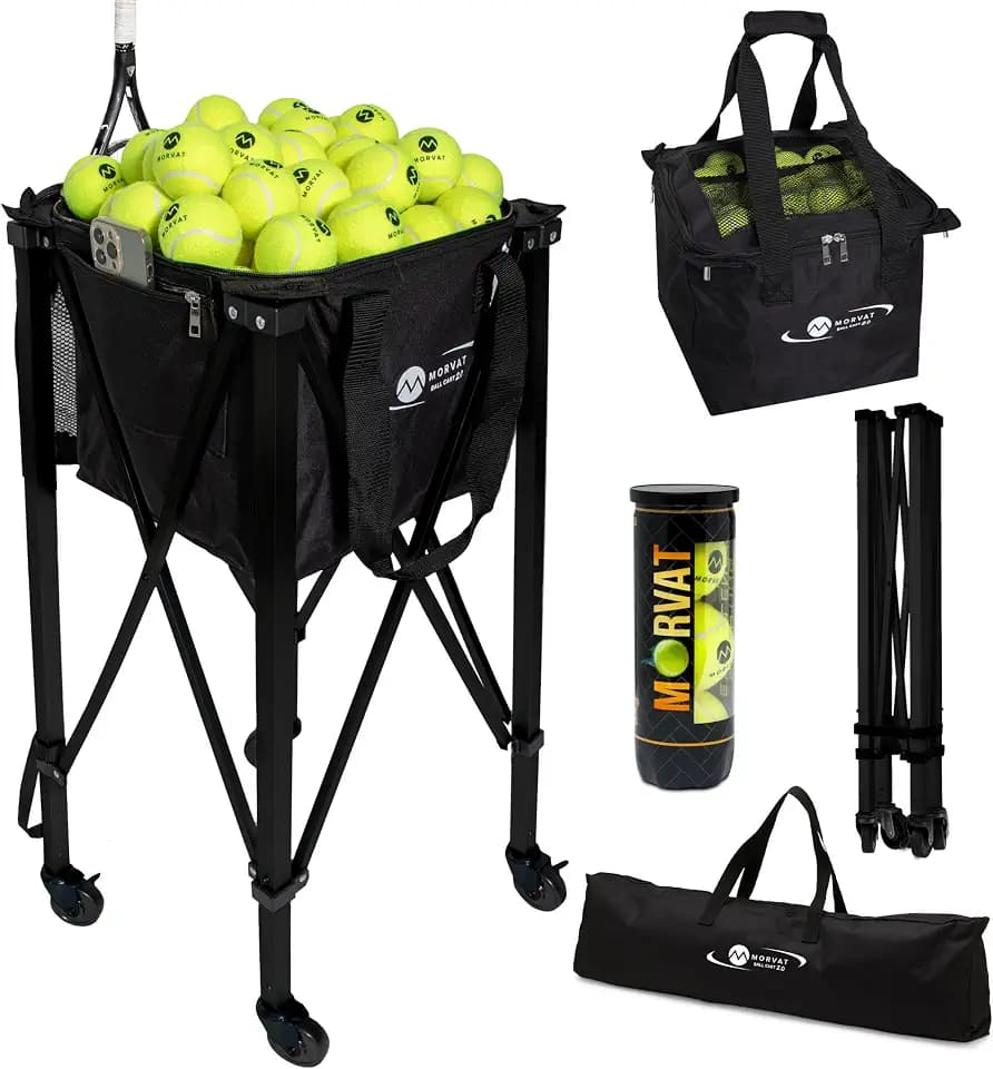 MORVAT Professional Tennis & Pickle Ball Hopper Holds 165 Balls Heavy-Duty Pro Sports Practice Cart, Foldable Portable Compact & Lightweight Zippered Pocket & Racket Holder, Carry Bag + 3 Tennis Balls