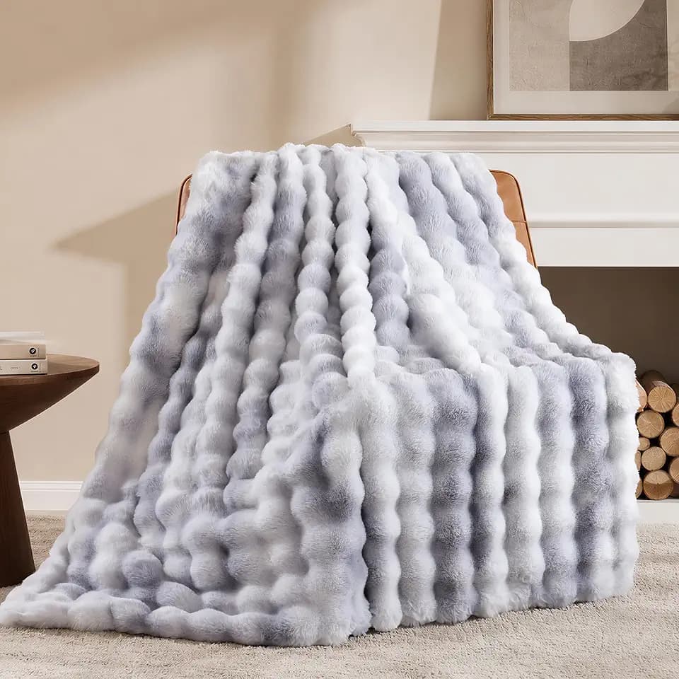Smoofy Faux Fur Throw for Couch - Tie-dye Grey Bubble Blanket 50"x60"