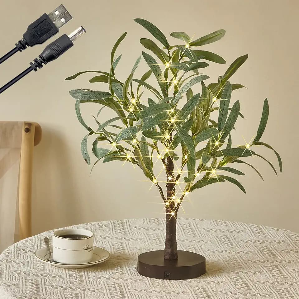 Fudios Little Lighted Tree with Timer 18in 50 LED USB Battery Operated Table Top Bonsai Olive Trees Light Artificial Plant for Home Decor Indoor