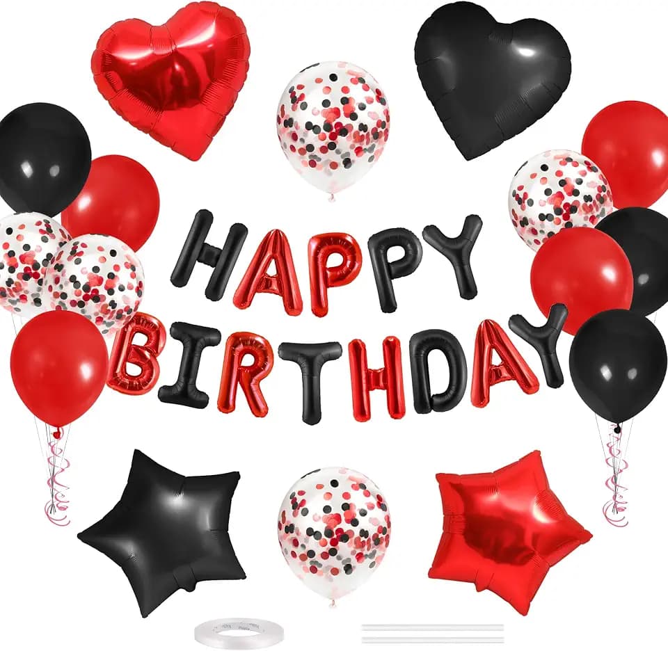 CANREVEL Happy Birthday Banner Decoration + 30pcs Star Balloons, Black Red