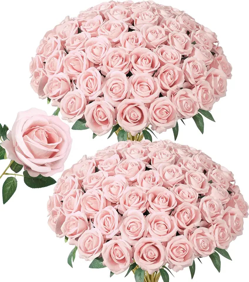 50 PCS Blush Roses Artificial Flowers, Fake Roses with Stem Realistic Silk Rose for DIY Wedding Bouquets Table Centerpieces Arrangements Baby Shower Birthday Home Decor Valentines Day Gift for Her