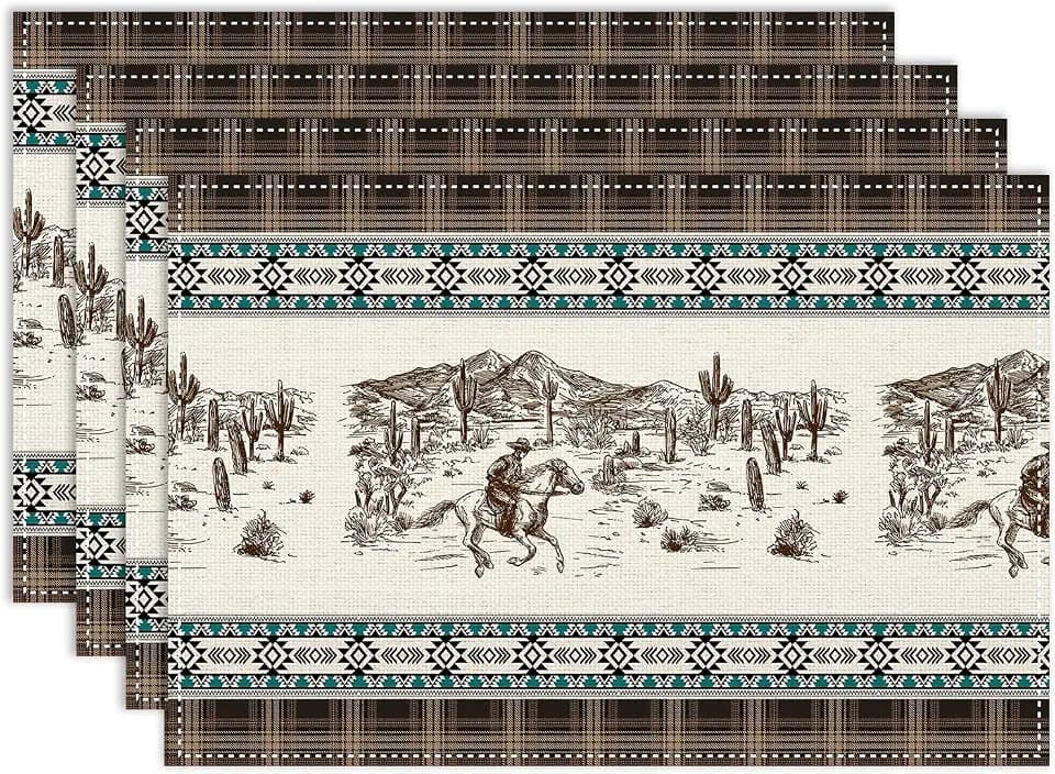 Western Landscape Placemats Set of 4, 12x18 Inch Farmhouse Cowboy Rustic Aztec Buffalo Plaid Vintage Country Holiday Table Mats for Party Kitchen Dining Decoration