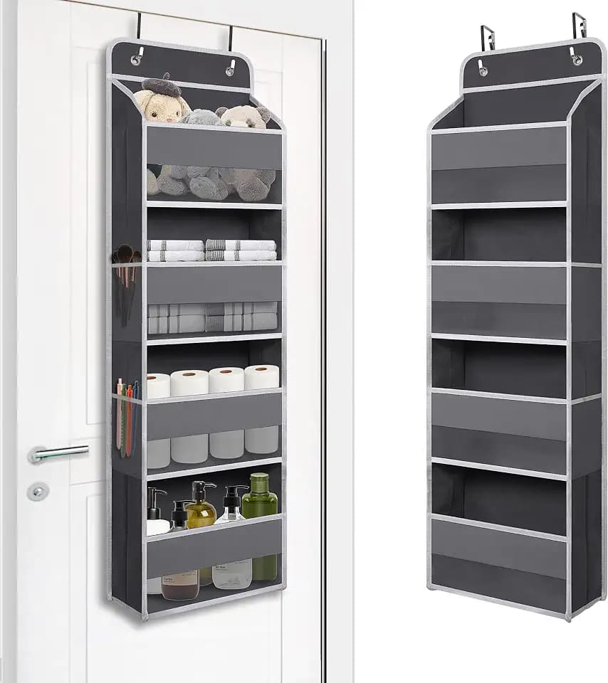 TYMENSH Gray Over Door Organizer with 4 Front Pockets and 4 Side Mesh Pockets, Compact Hanging Door Storage for Closet, Bathroom, Bedroom, Dorm, Nursery, Toys, Cosmetics, Baby Essentials
