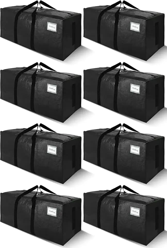 SWEET DOLPHIN 8 Pack 200LB Heavy-Duty Moving Bags with Wrap-Around Handles, Extra Large Storage Totes for Space Saving, Clothes Storage Bags, College Dorm Essentials, Black, 24 Gal