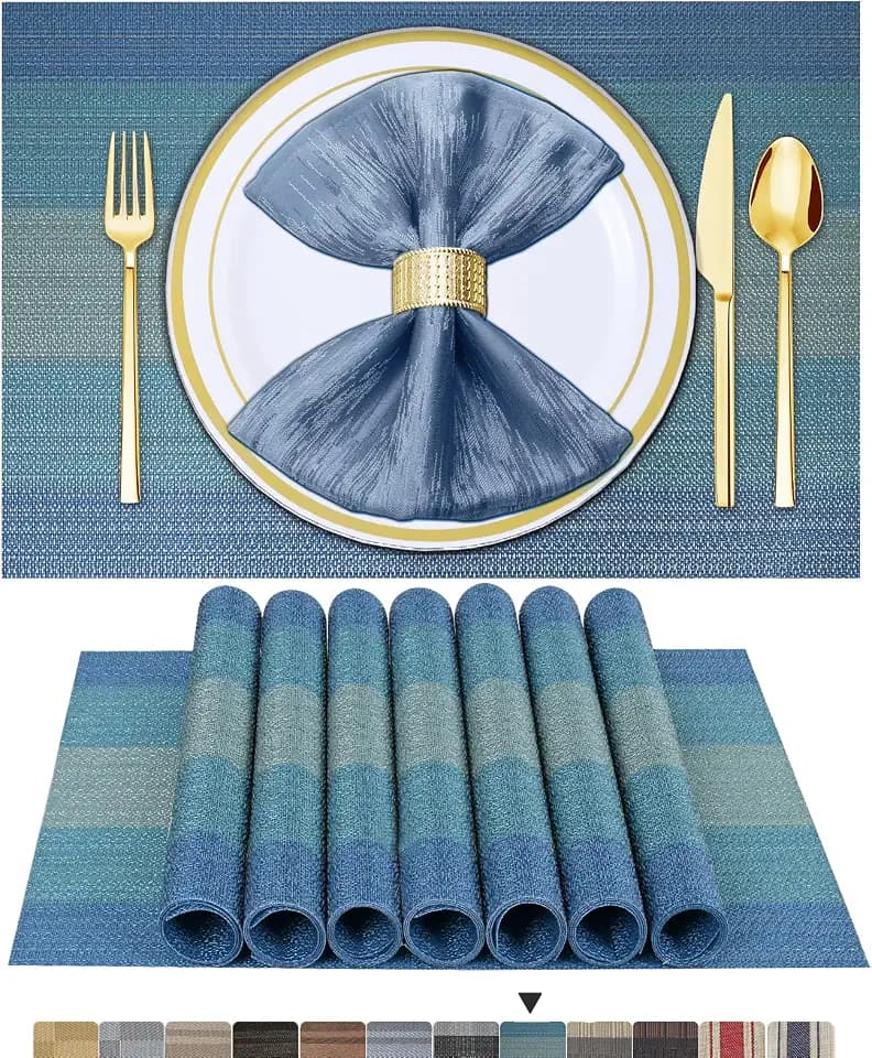 BETEAM Placemats Set of 6, Woven Place mats for Dining Table, Lake Blue