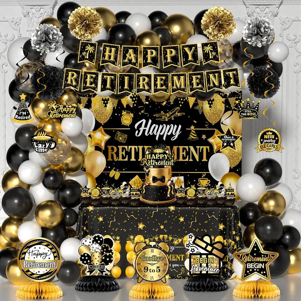 Retirement Party Decorations for Men Women, Black Gold Happy Retirement Decorations, Retirement Decorations Include Banner Backdrop Balloons Balloons Paper Pompoms Honeycomb Centerpiece Cake Topper