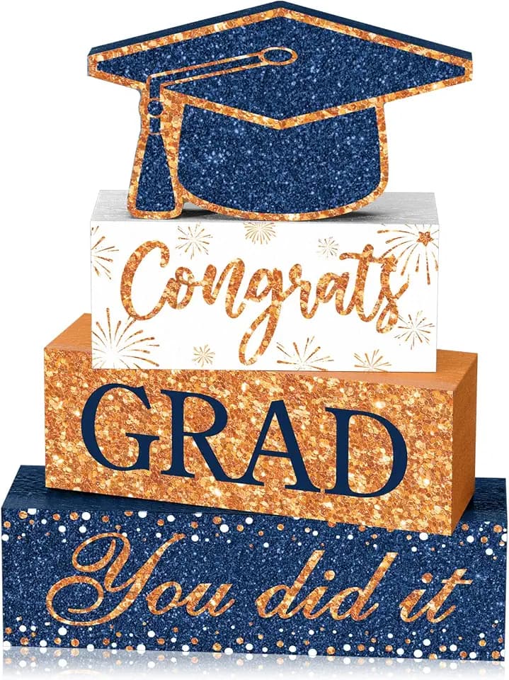 Cinnvoice 4 Pcs Graduation Table Decor 2026 Congrats Grad Centerpiece Class of 2026 Wood Sign Graduation Tiered Tray Decor Farmhouse Congratulate Gifts for Home Shelf Party Decorations(Blue Orange)
