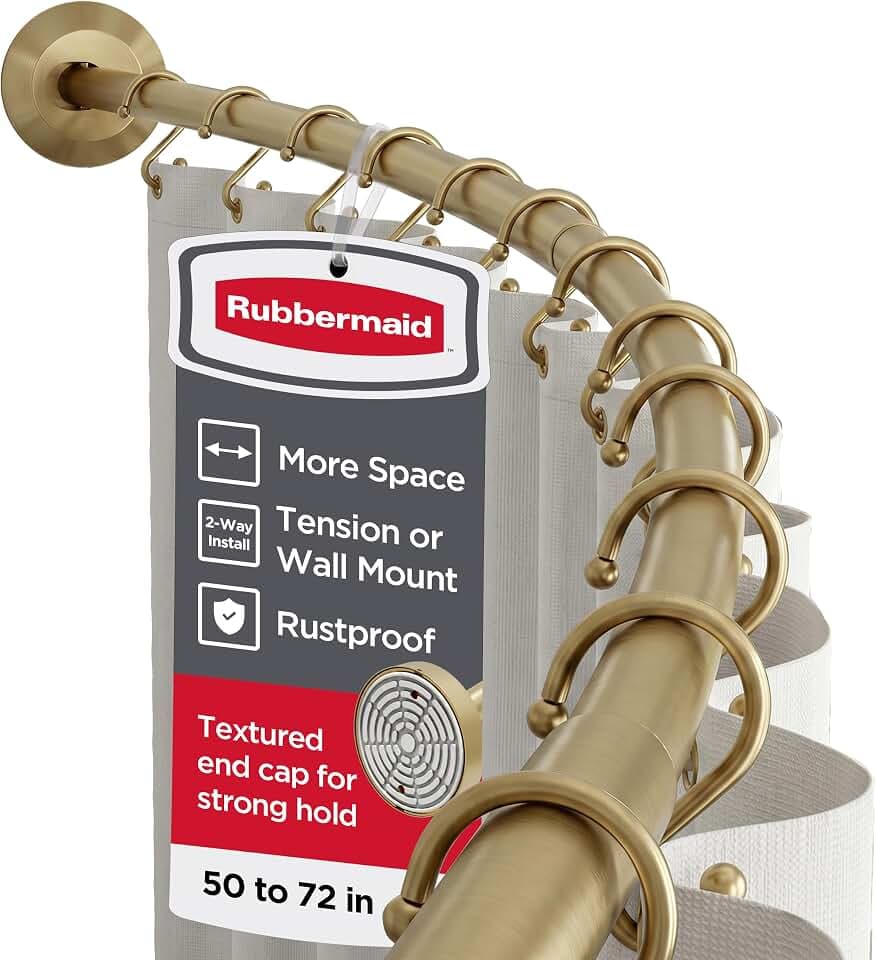 Rubbermaid Curved Shower Curtain Rod with Choice of No Drill Tension or Wall-Mount Installation, 50-72 Inches Stainless Steel Adjustable Shower Rod for Bathroom, Non-Slip, No Rust, Gold