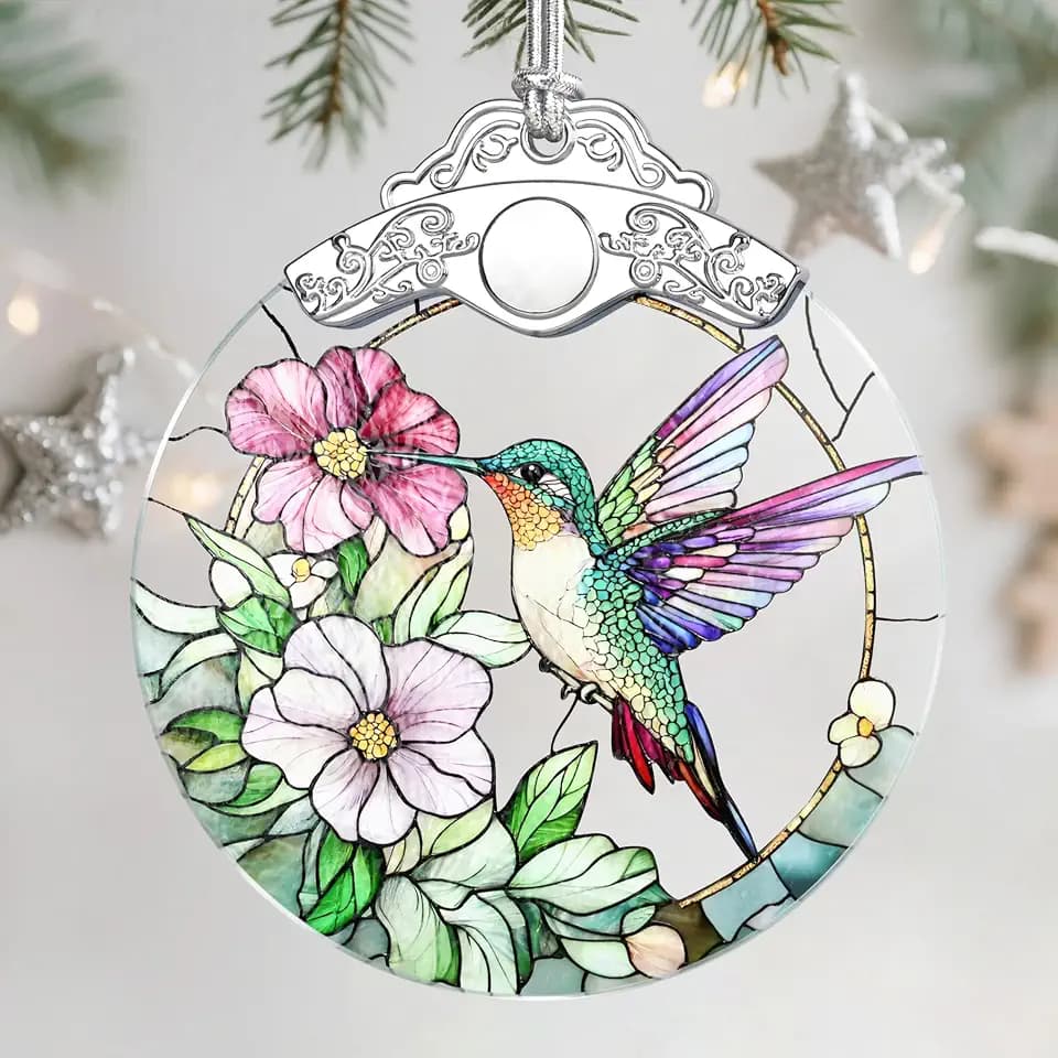 Stained Glass Ornament, Christmas Ornament, Hanging Ornaments for Home Decor & Christmas Tree Ornaments – Exquisite Holiday Decor, Perfect Hummingbird Gifts, Xmas Gifts & Holiday Present - Hummingbird