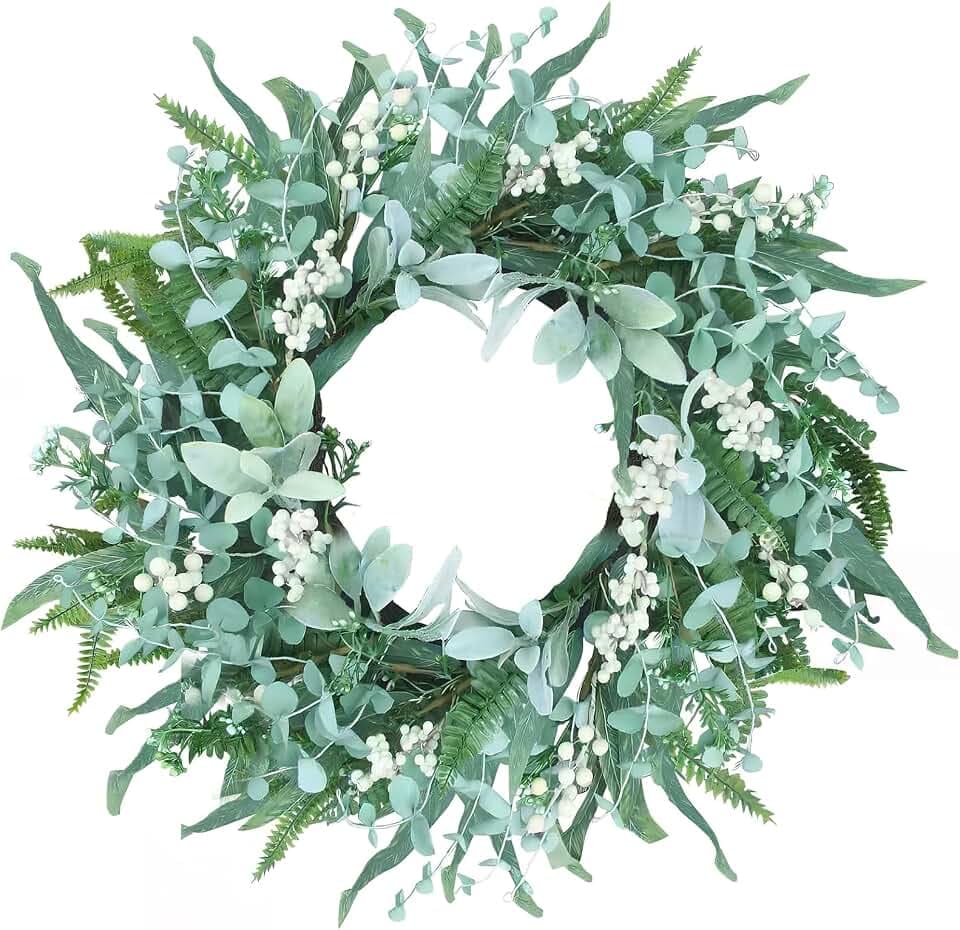 24 Inch Eucalyptus Wreath for Front Door, All Season Greenery Wreath with White Berries, Silk Leaves, Indoor or Covered Outdoor Porch Decor