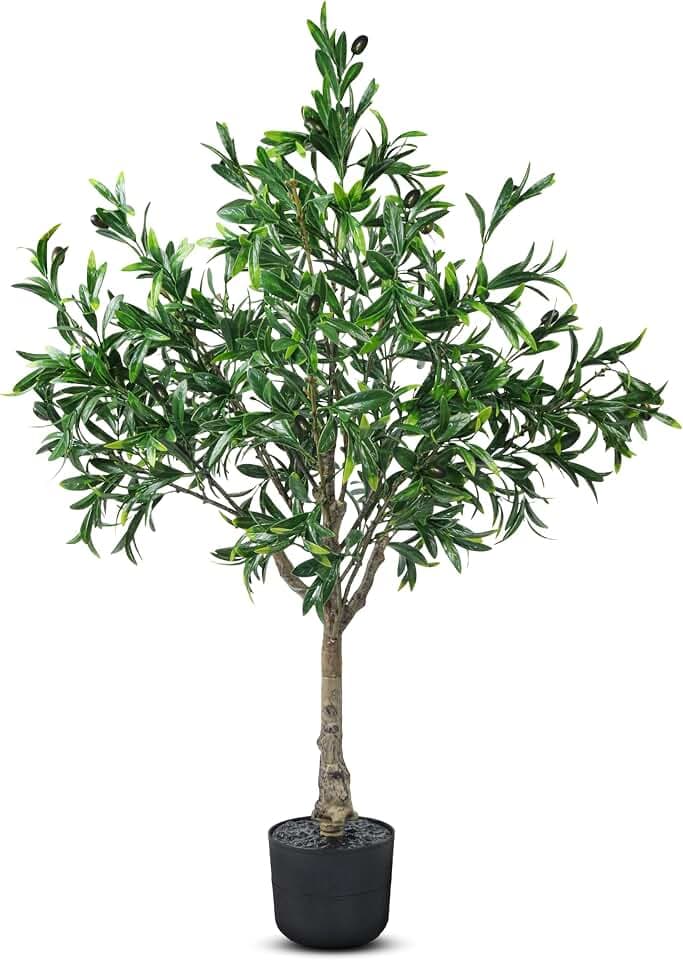 3.6FT Artificial Olive Tree with Planter, Realistic Faux Potted Tree with Real Wood Trunk, Olive Fruits & Lifelike Leaves, UV Resistant Indoor Outdoor Plant for Porch, Entryway, Living Room Decor
