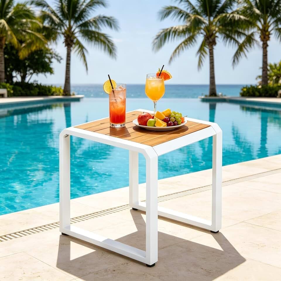 Merax 18.11" Outdoor Side Table, Modern Metal Frame Patio Coffee Table with Teak Acacia Wood Top, with Foot Caps, 120 lbs Capacity, Accent End Table for Porch, Poolside, Living Room, Bedroom, White