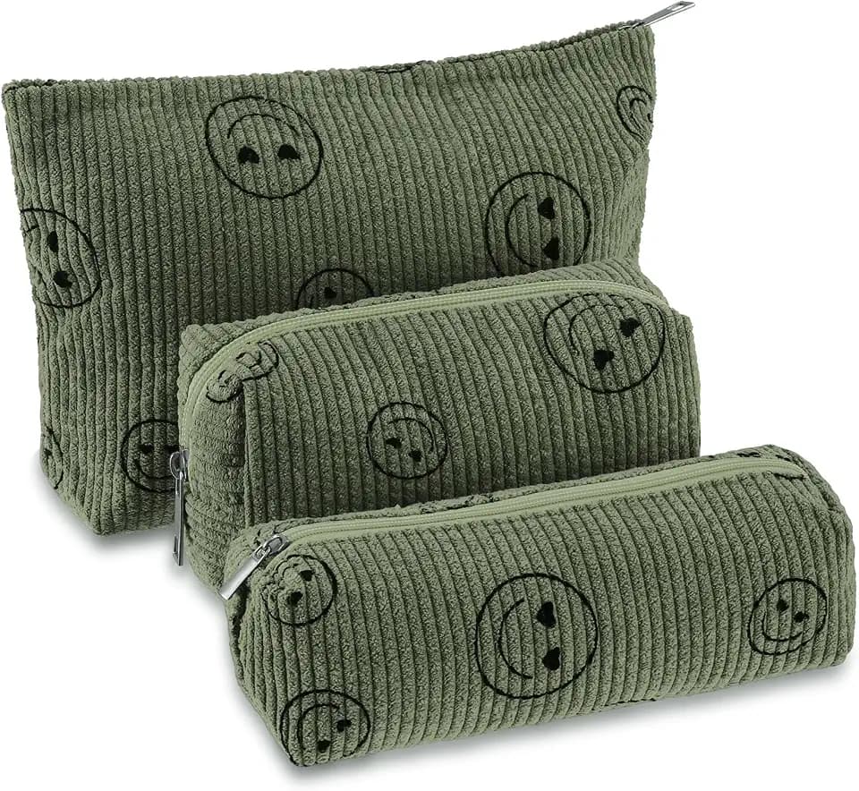 Huhumy 3 Pcs Corduroy Makeup Bag Set for Women, Army Green, Smile Face