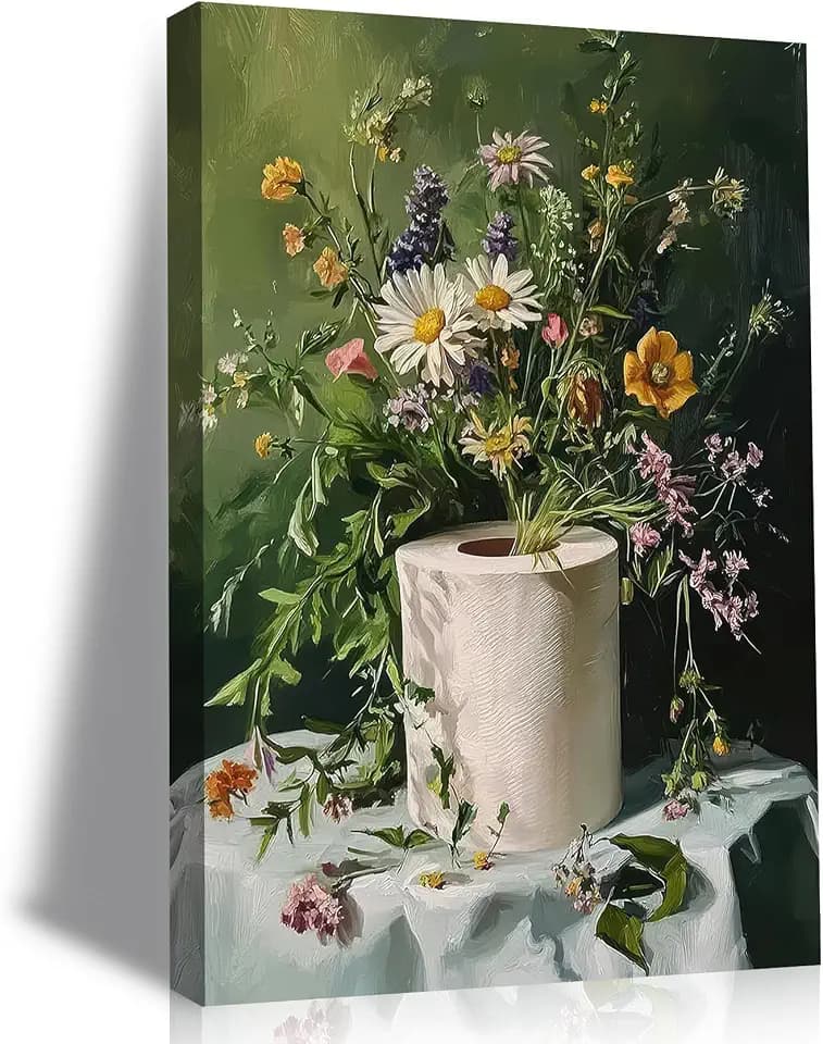 Funny Floral Toilet Paper Canvas Farmhouse Bathroom Framed Ready To Hang