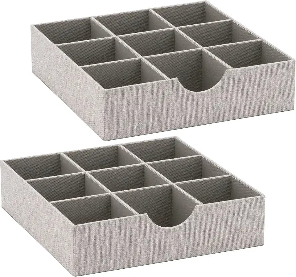 Household Essentials Drawer Organizer Tray with Fabric Cover and 9 Square Compartments, Gray, Set of 2