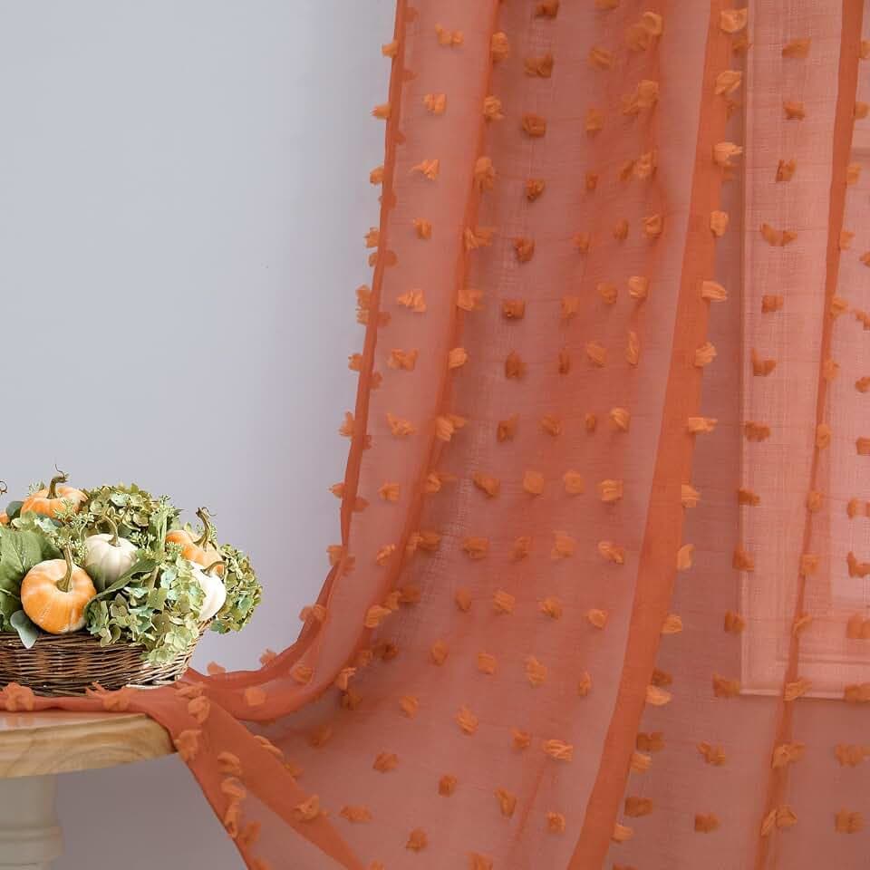 Terracotta Rust Sheer Curtains 90 Inches Long for Bedroom 2 Panels Set Rustic Boho Farmhouse Textured Pom Pom Sheer Curtains Drapes Burnt Orange Curtain Panles for Living Room Back Tab 52x90 Inch