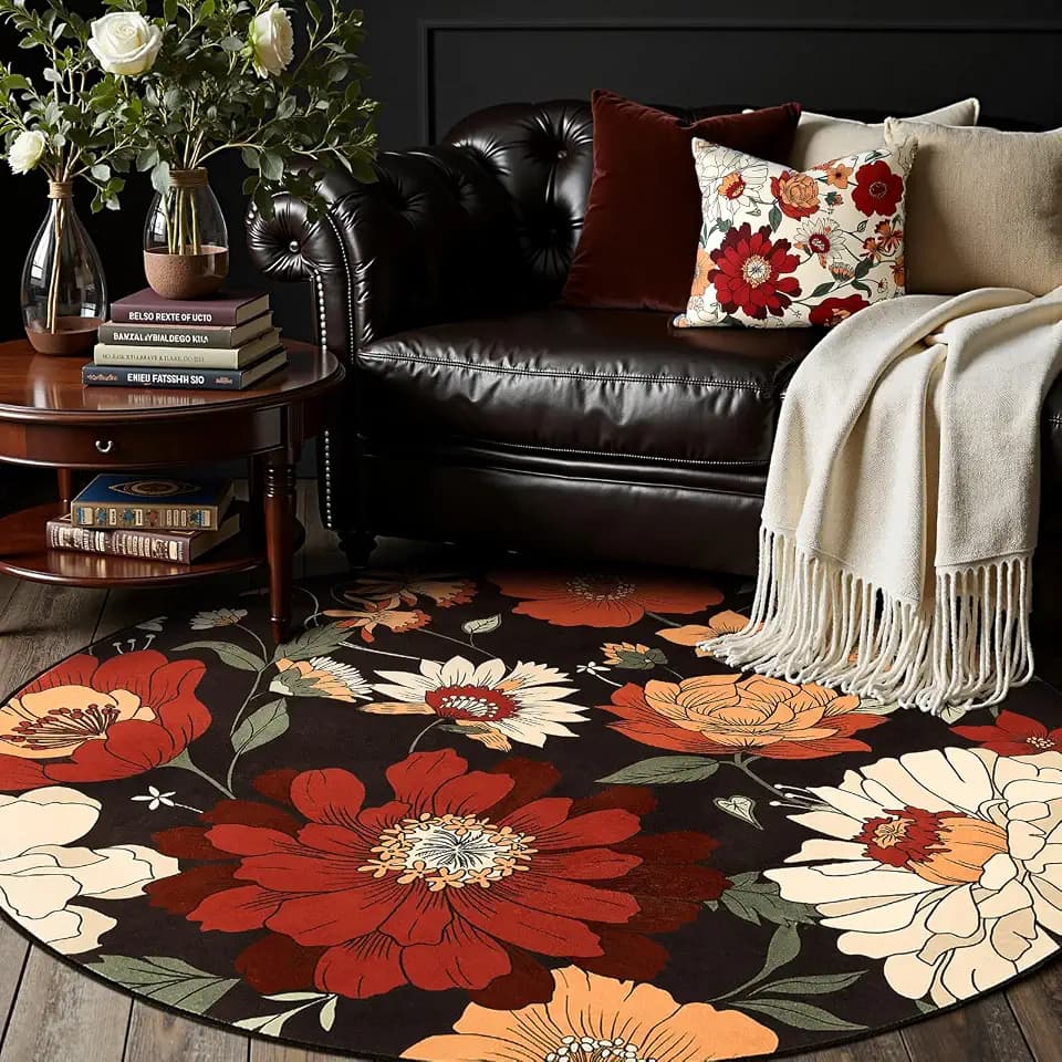jinchan Vintage Floral Round Rug,5ft Black Multi,Washable Non Slip