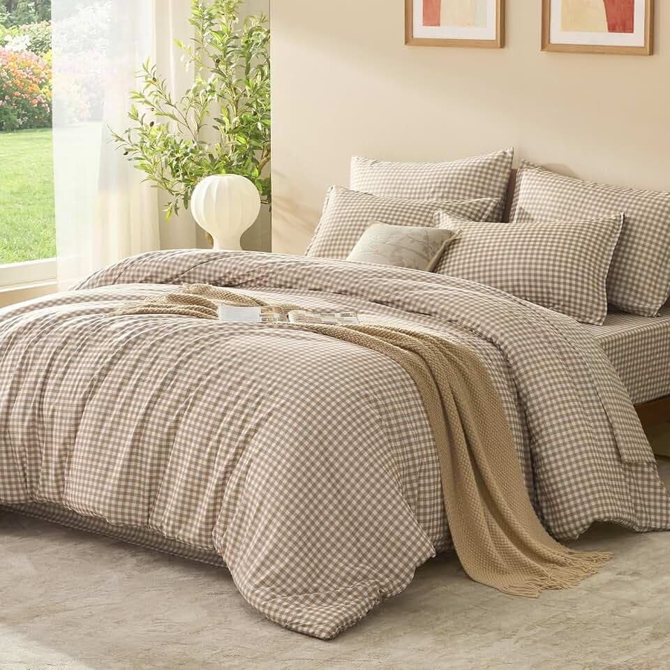 Litanika Full Size Comforter Sets 7 Pieces Earthy Tan Gingham