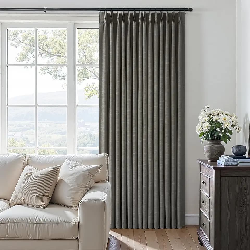 Blackout Pinch Pleated 90 Inch Linen Curtains 2 Panels Set Carbon Grey