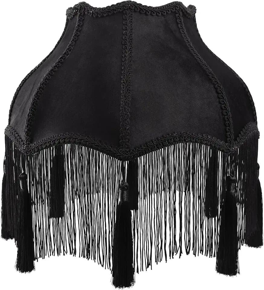 Victorian Black Lamp Shade with Fringe, Velvet Vintage Lampshade