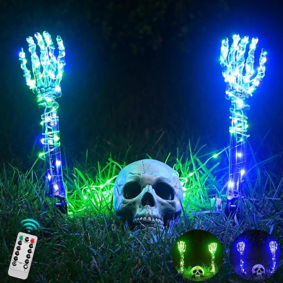 Halloween Lighted Skeleton Set, Skull Arm Stakes with 1 Remote Green Lights (36 LEDs, 8 Light Modes & Timing Function), 2 Purple Lights (3 Modes), Decoration for Outdoor Yard Garden Graveyard