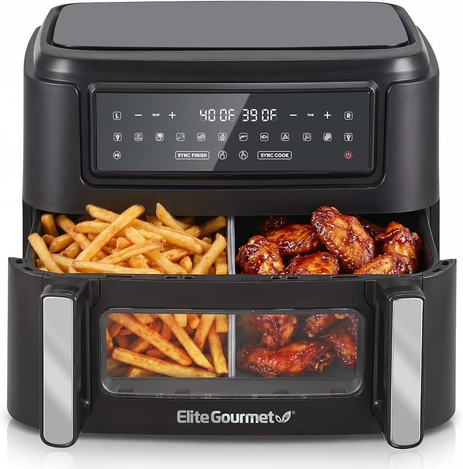 Elite Gourmet 11Qt Dual Zone Air Fryer Oven, Dual Basket, 1600W, PFAS-Free