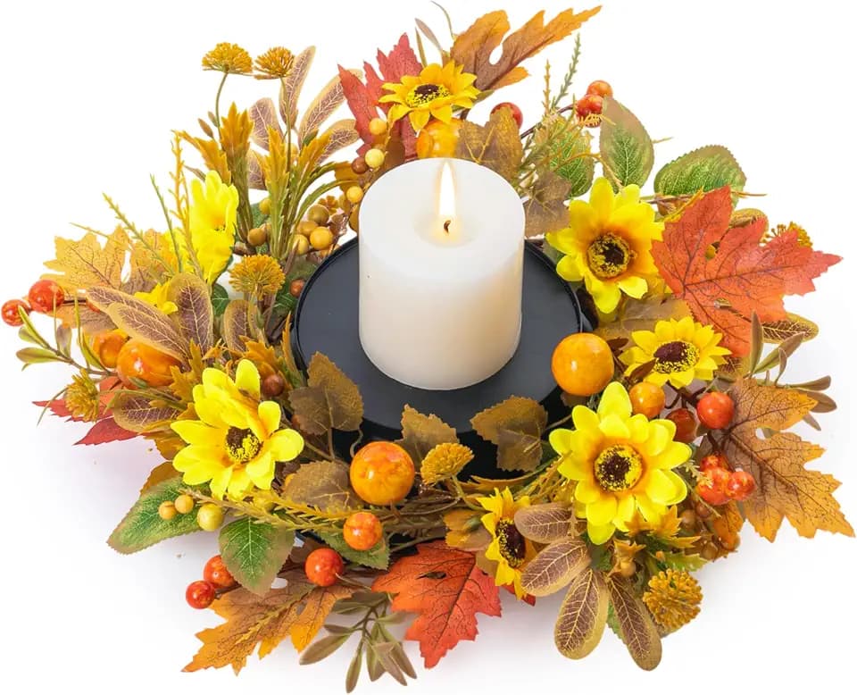 MOYEE Fall Candle Holder Wreath Single 14 inch, Fall Candle Ring