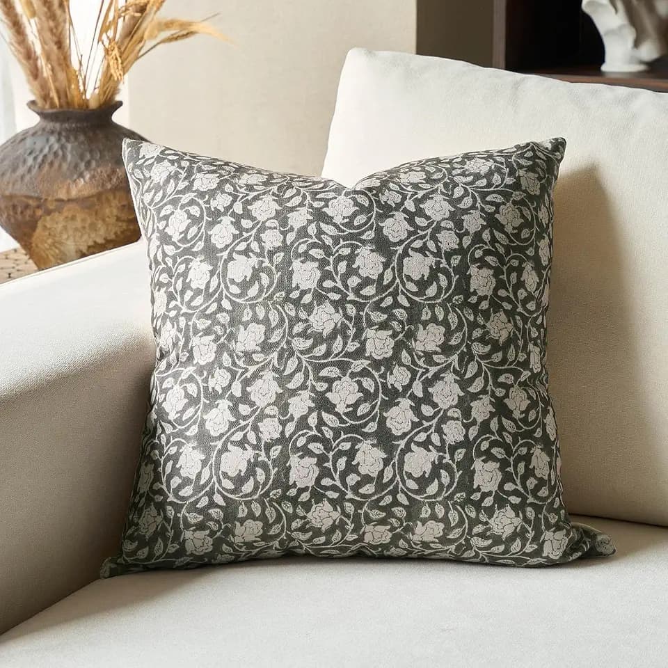 DOMVITUS Floral Pillow Covers 18x18, Throw Pillows for Couch, Block Print Pillow Cover, Decorative Neutral Accent Throw Pillow Covers for Living Room, 1PC, Greyish Green
